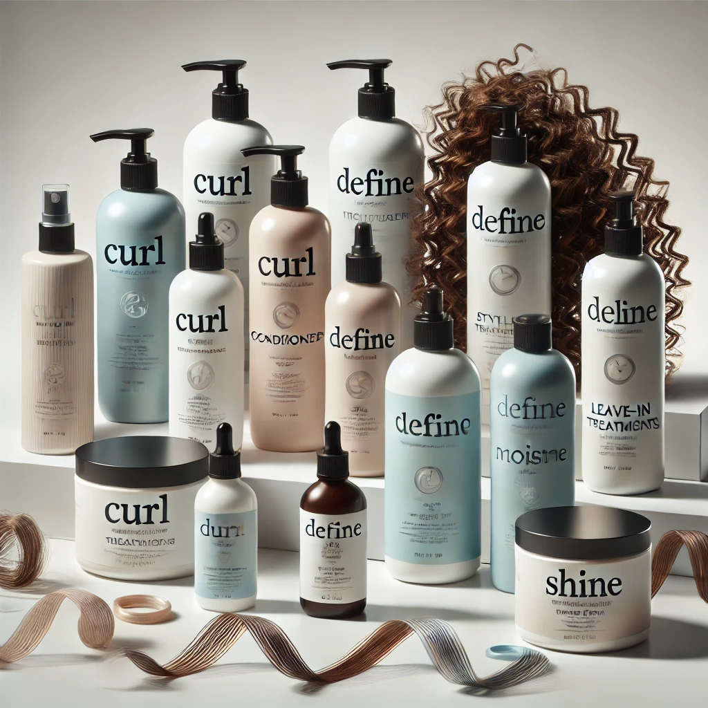 DALL·E 2024 06 25 08.43.33 A variety of hair products designed for curly and wavy hair displayed aesthetically. The products include shampoos conditioners leave in treatments