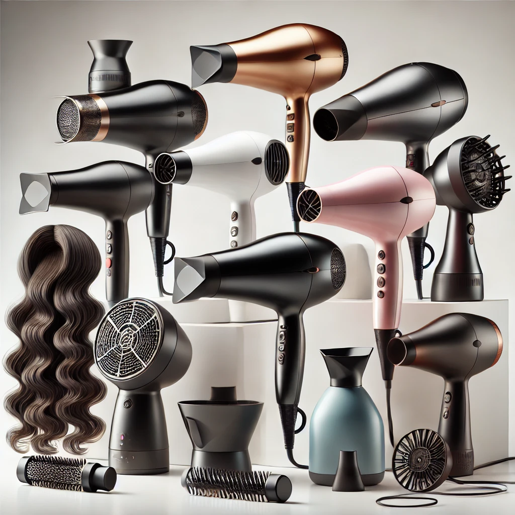 DALL·E 2024 06 25 08.44.53 A collection of hair dryers and diffusers displayed together. The hair dryers have sleek modern designs in various colors such as black white and m