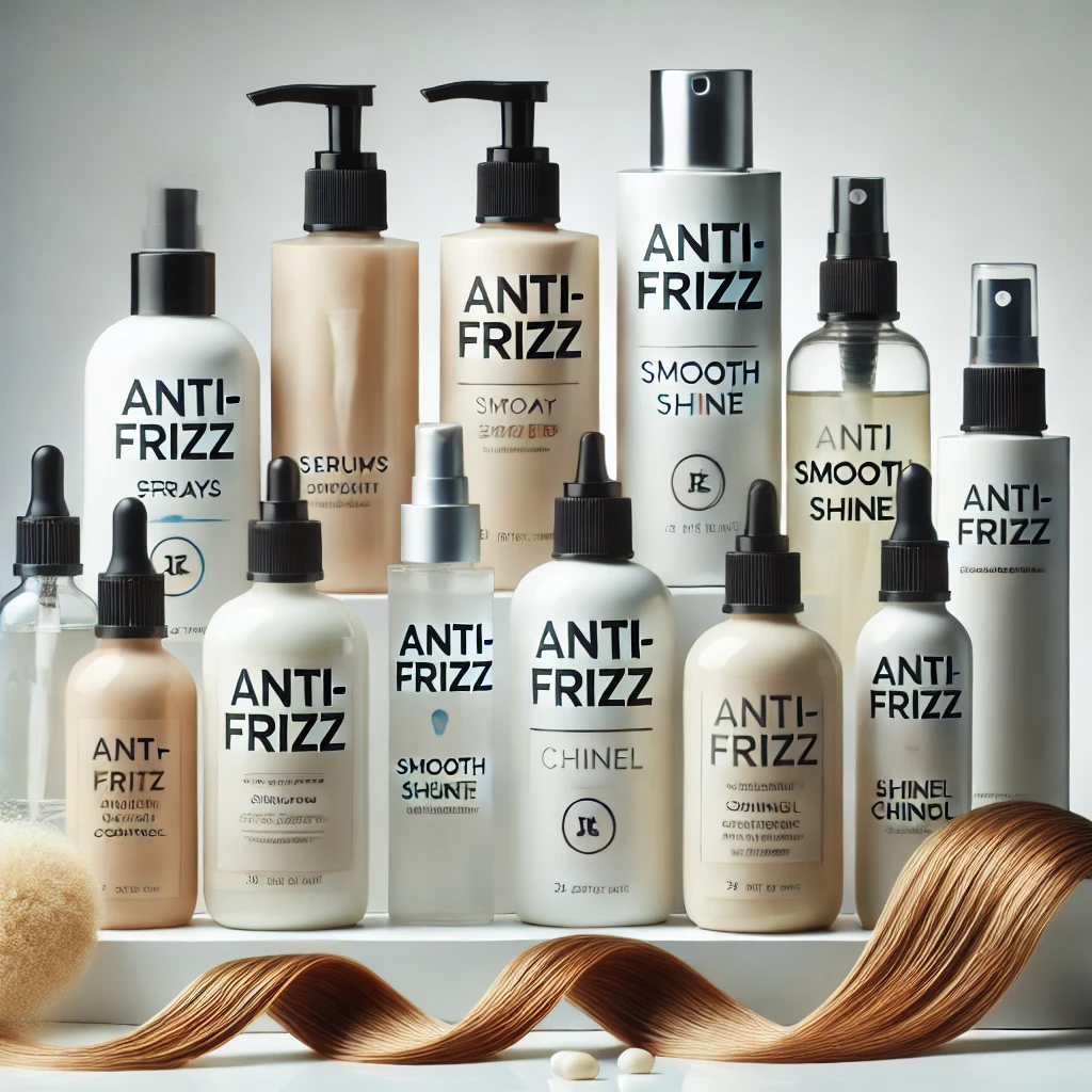 DALL·E 2024 06 25 08.49.24 A collection of anti frizz products and hair smoothing serums displayed together. The products include serums sprays and creams with labels emphasiz