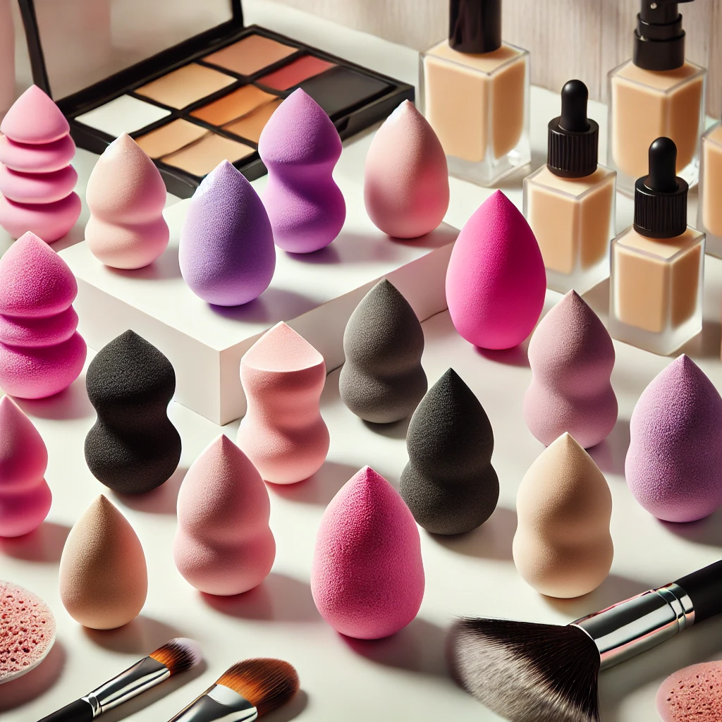 DALL·E 2024 06 25 08.54.53 A collection of beauty blenders and makeup sponges displayed together. The sponges come in various shapes and colors including teardrop flat edge a
